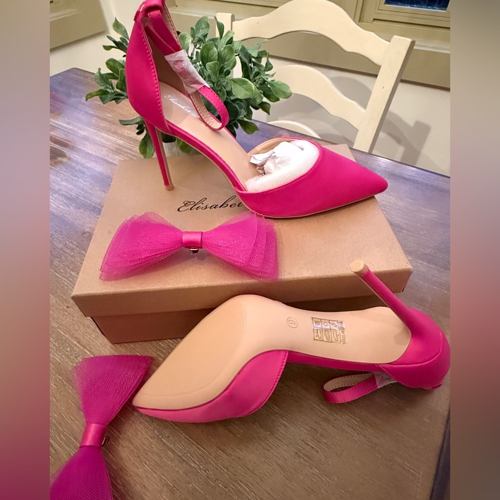 Pink Stiletto Heels with removable Tulle Bow, Elisabet Tang, size 9, NIB